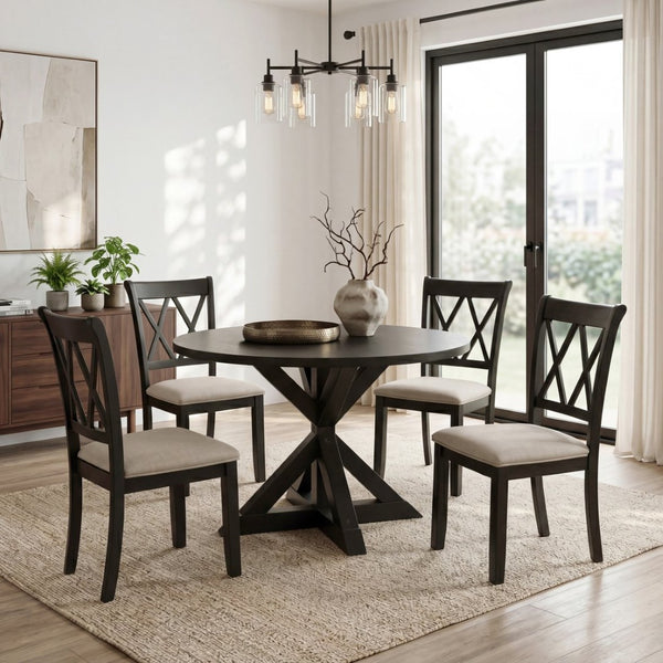 English Elm Indvale Round Pedestal Dining Set Seats Four with Cross-buck Base and Chenille Chairs T2574S00012
