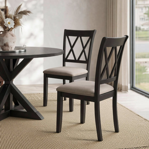 English Elm Indvale Round Pedestal Dining Set Seats Four with Cross-buck Base and Chenille Chairs T2574S00012