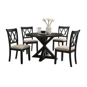 English Elm Indvale Round Pedestal Dining Set Seats Four with Cross-buck Base and Chenille Chairs T2574S00012