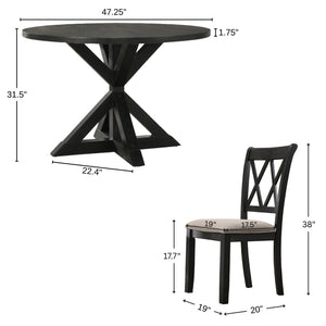 English Elm Indvale Round Pedestal Dining Set Seats Four with Cross-buck Base and Chenille Chairs T2574S00012