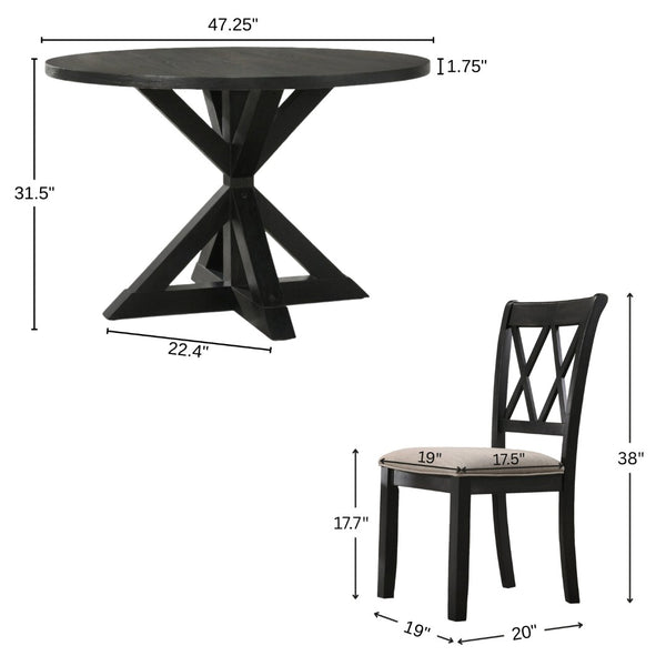 English Elm Indvale Round Pedestal Dining Set Seats Four with Cross-buck Base and Chenille Chairs T2574S00012
