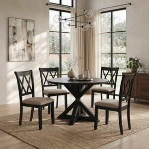 English Elm Indvale Round Pedestal Dining Set Seats Four with Cross-buck Base and Chenille Chairs T2574S00012