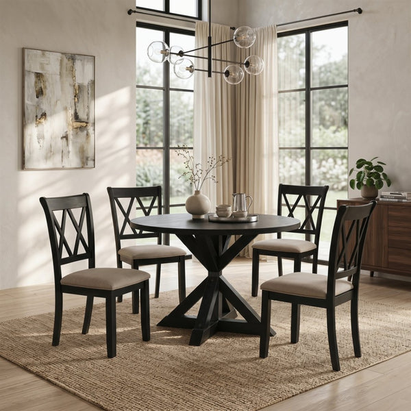 English Elm Indvale Round Pedestal Dining Set Seats Four with Cross-buck Base and Chenille Chairs T2574S00012