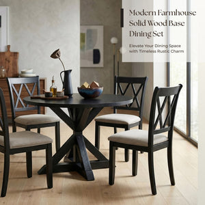 English Elm Indvale Round Pedestal Dining Set Seats Four with Cross-buck Base and Chenille Chairs T2574S00012