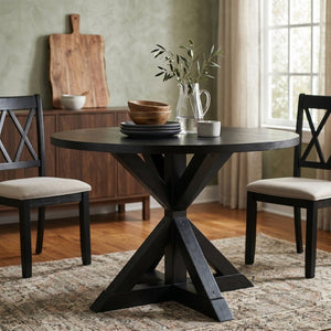 English Elm Indvale Round Pedestal Dining Set Seats Four with Cross-buck Base and Chenille Chairs T2574S00012
