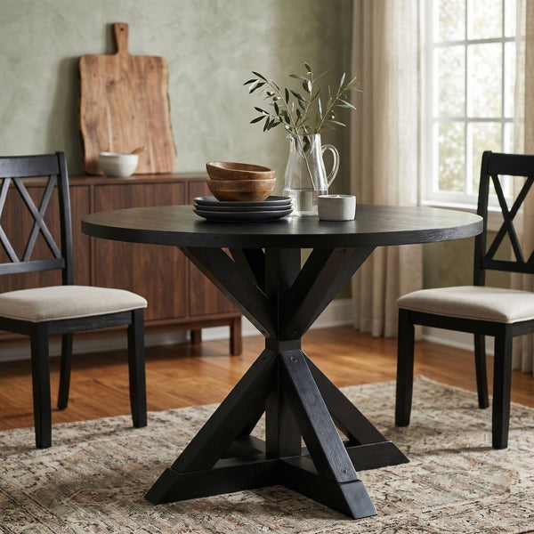 English Elm Indvale Round Pedestal Dining Set Seats Four with Cross-buck Base and Chenille Chairs T2574S00012