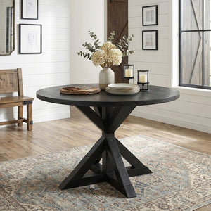 English Elm Indvale Round Pedestal Dining Set Seats Four with Cross-buck Base and Chenille Chairs T2574S00012