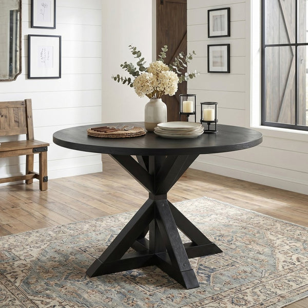 English Elm Indvale Round Pedestal Dining Set Seats Four with Cross-buck Base and Chenille Chairs T2574S00012