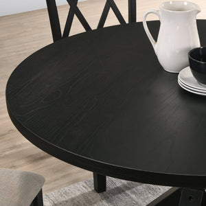 English Elm Indvale Round Pedestal Dining Set Seats Four with Cross-buck Base and Chenille Chairs T2574S00012