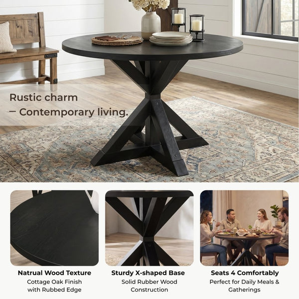 English Elm Indvale Round Pedestal Dining Set Seats Four with Cross-buck Base and Chenille Chairs T2574S00012