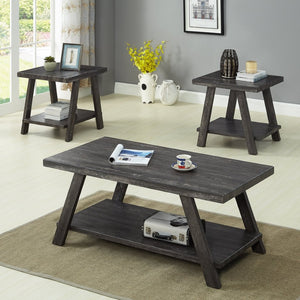 English Elm Athens 3 Piece Coffee Table Set with Sawhorse Legs and Shelved Charcoal Wood Design T2574S00021
