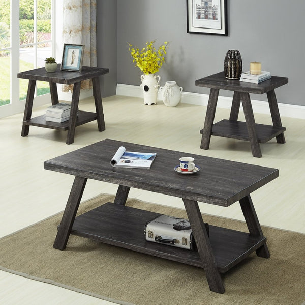 English Elm Athens 3 Piece Coffee Table Set with Sawhorse Legs and Shelved Charcoal Wood Design T2574S00021