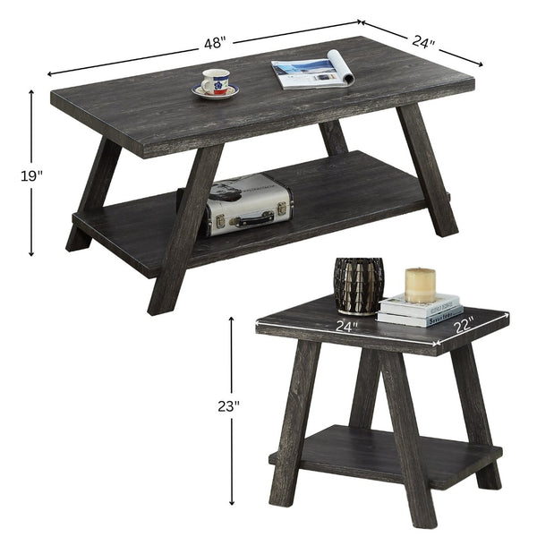 English Elm Athens 3 Piece Coffee Table Set with Sawhorse Legs and Shelved Charcoal Wood Design T2574S00021