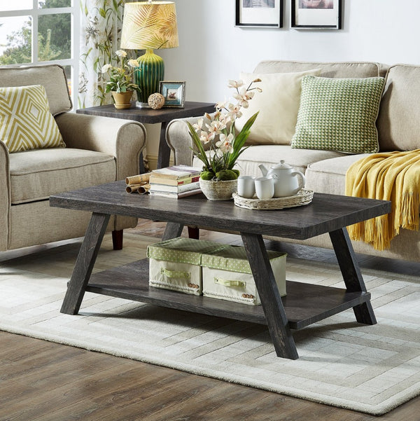 English Elm Athens 3 Piece Coffee Table Set with Sawhorse Legs and Shelved Charcoal Wood Design T2574S00021