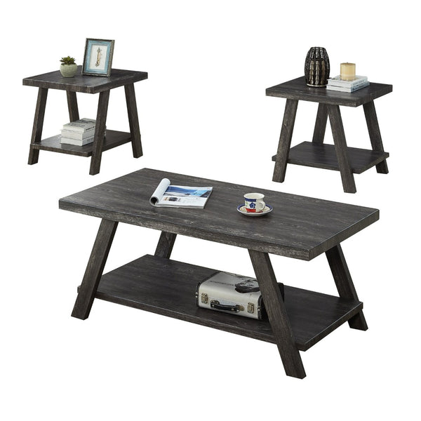 English Elm Athens 3 Piece Coffee Table Set with Sawhorse Legs and Shelved Charcoal Wood Design T2574S00021
