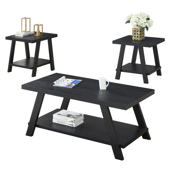 English Elm Athens Three Piece Living Room Coffee Set with Sawhorse Legs and Open Shelving Black T2574S00022