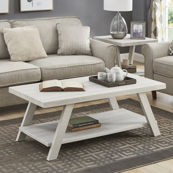 English Elm Athens 3 Piece Living Room Table Set with Open Shelf and Angled Leg Design White T2574S00023