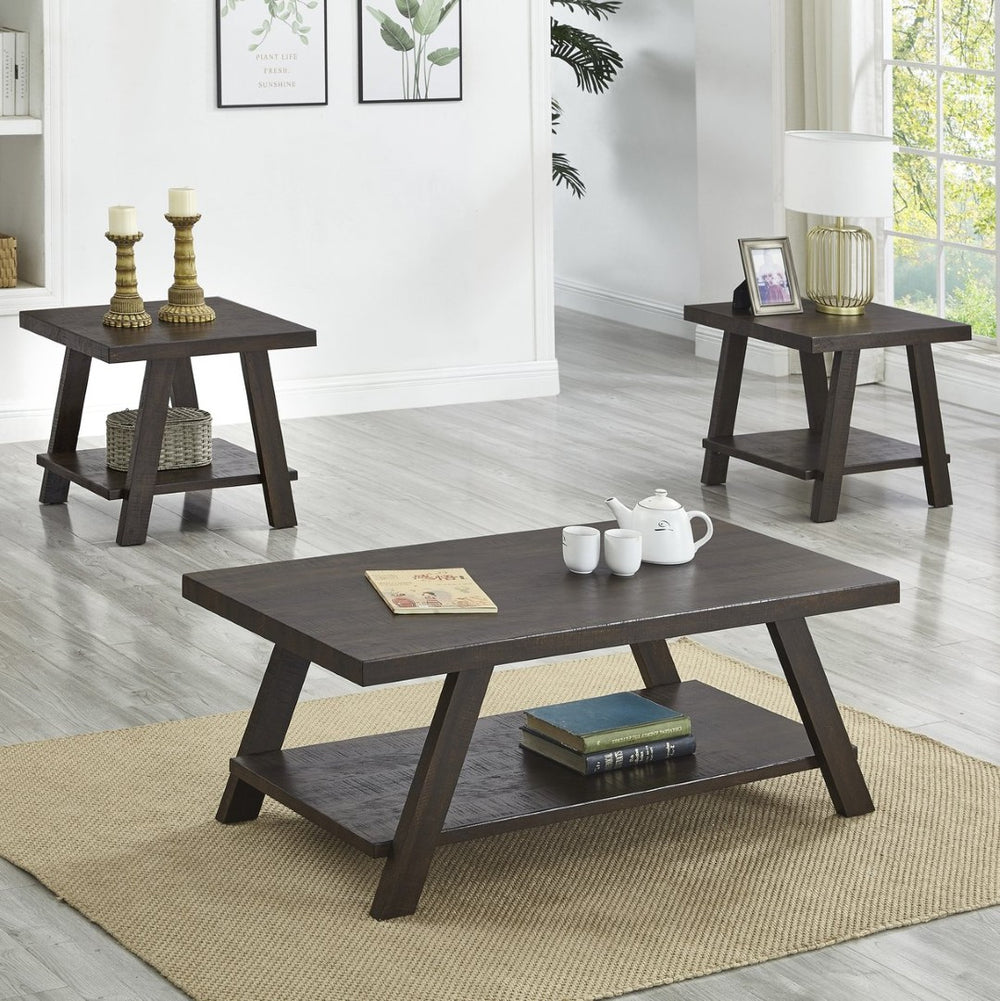English Elm Athens 3 Piece Living Room Table Set with Open Shelf and Angled Leg Design Espresso T2574S00024