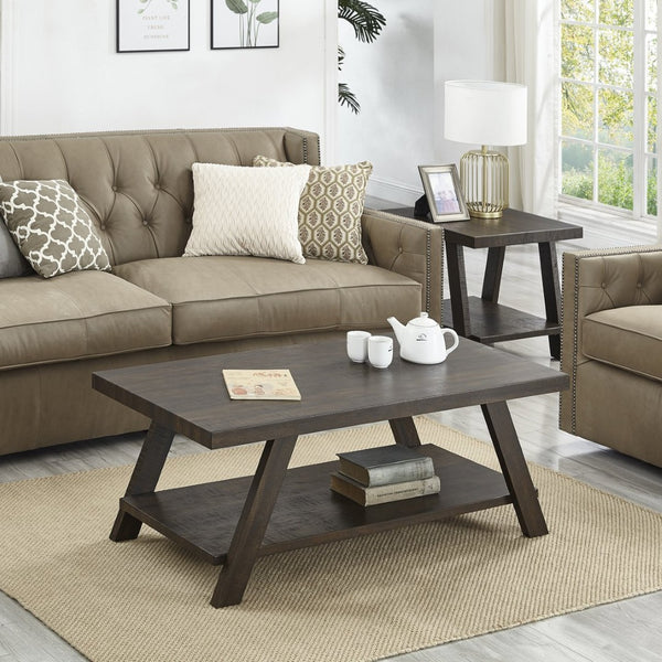English Elm Athens 3 Piece Living Room Table Set with Open Shelf and Angled Leg Design Espresso T2574S00024