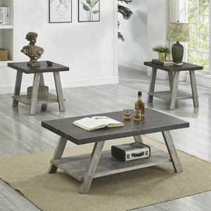 English Elm Athens Three Piece Living Room Coffee Set with Sawhorse Legs and Open Shelving Weathered Walnut and Gray T2574S00025