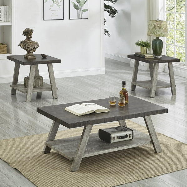 English Elm Athens Three Piece Living Room Coffee Set with Sawhorse Legs and Open Shelving Weathered Walnut and Gray T2574S00025