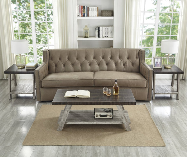 English Elm Athens Three Piece Living Room Coffee Set with Sawhorse Legs and Open Shelving Weathered Walnut and Gray T2574S00025