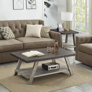 English Elm Athens Three Piece Living Room Coffee Set with Sawhorse Legs and Open Shelving Weathered Walnut and Gray T2574S00025