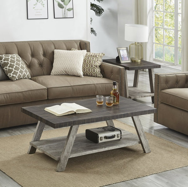 English Elm Athens Three Piece Living Room Coffee Set with Sawhorse Legs and Open Shelving Weathered Walnut and Gray T2574S00025