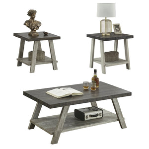 English Elm Athens Three Piece Living Room Coffee Set with Sawhorse Legs and Open Shelving Weathered Walnut and Gray T2574S00025