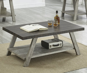 English Elm Athens Three Piece Living Room Coffee Set with Sawhorse Legs and Open Shelving Weathered Walnut and Gray T2574S00025