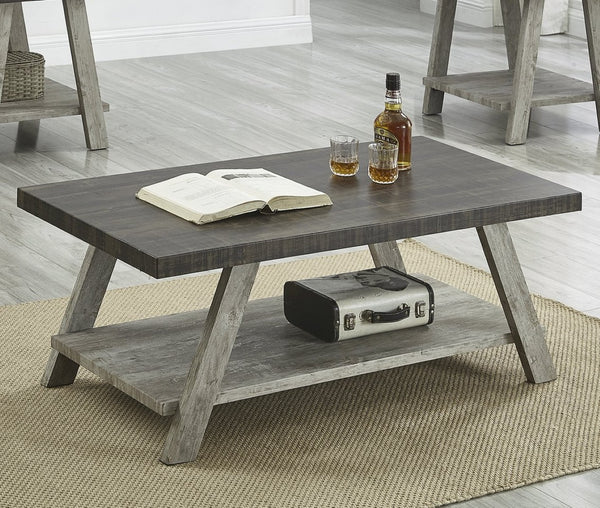 English Elm Athens Three Piece Living Room Coffee Set with Sawhorse Legs and Open Shelving Weathered Walnut and Gray T2574S00025