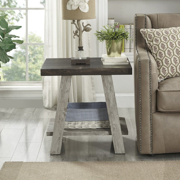 English Elm Athens Three Piece Living Room Coffee Set with Sawhorse Legs and Open Shelving Weathered Walnut and Gray T2574S00025