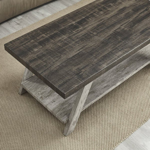 English Elm Athens Three Piece Living Room Coffee Set with Sawhorse Legs and Open Shelving Weathered Walnut and Gray T2574S00025