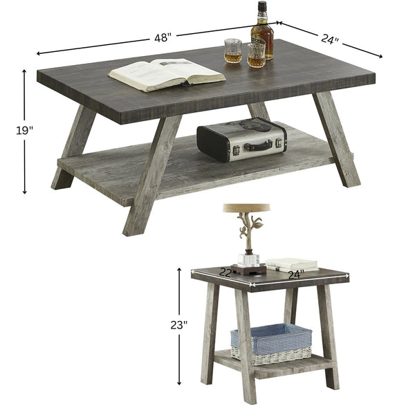English Elm Athens Three Piece Living Room Coffee Set with Sawhorse Legs and Open Shelving Weathered Walnut and Gray T2574S00025