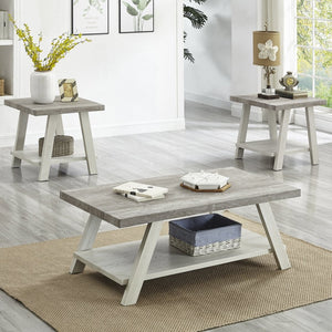 English Elm Athens Three Piece Living Room Coffee Set with Sawhorse Legs and Open Shelving Weathered Gray and Beige T2574S00026