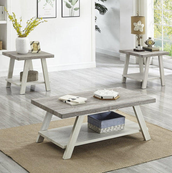 English Elm Athens Three Piece Living Room Coffee Set with Sawhorse Legs and Open Shelving Weathered Gray and Beige T2574S00026