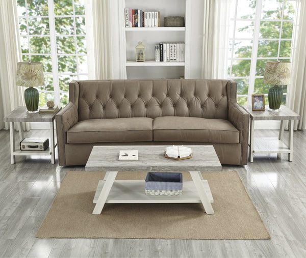 English Elm Athens Three Piece Living Room Coffee Set with Sawhorse Legs and Open Shelving Weathered Gray and Beige T2574S00026
