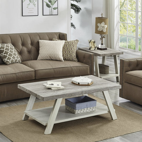 English Elm Athens Three Piece Living Room Coffee Set with Sawhorse Legs and Open Shelving Weathered Gray and Beige T2574S00026