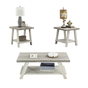 English Elm Athens Three Piece Living Room Coffee Set with Sawhorse Legs and Open Shelving Weathered Gray and Beige T2574S00026