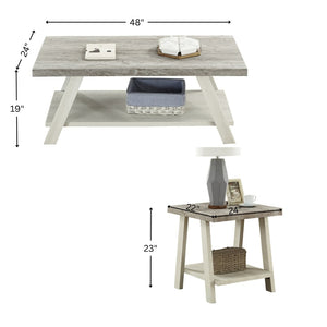 English Elm Athens Three Piece Living Room Coffee Set with Sawhorse Legs and Open Shelving Weathered Gray and Beige T2574S00026