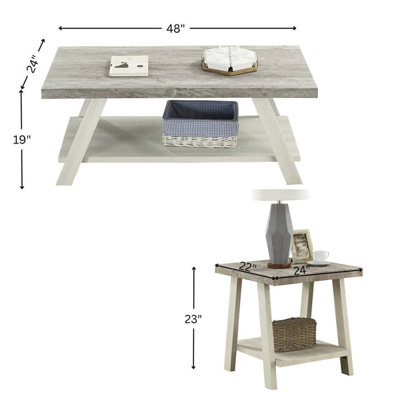 English Elm Athens Three Piece Living Room Coffee Set with Sawhorse Legs and Open Shelving Weathered Gray and Beige T2574S00026