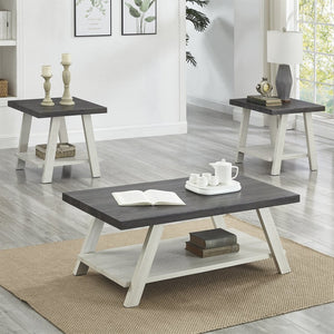 English Elm Athens Three Piece Living Room Coffee Set with Sawhorse Legs and Open Shelving Weathered Charcoal and Beige T2574S00027