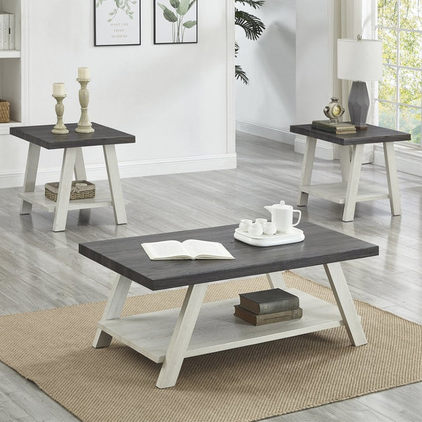 English Elm Athens Three Piece Living Room Coffee Set with Sawhorse Legs and Open Shelving Weathered Charcoal and Beige T2574S00027