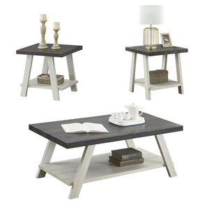 English Elm Athens Three Piece Living Room Coffee Set with Sawhorse Legs and Open Shelving Weathered Charcoal and Beige T2574S00027