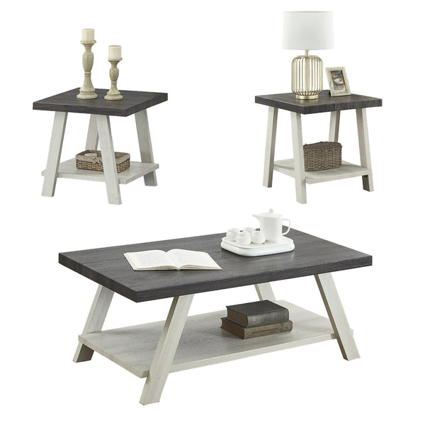 English Elm Athens Three Piece Living Room Coffee Set with Sawhorse Legs and Open Shelving Weathered Charcoal and Beige T2574S00027