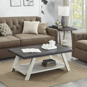 English Elm Athens Three Piece Living Room Coffee Set with Sawhorse Legs and Open Shelving Weathered Charcoal and Beige T2574S00027