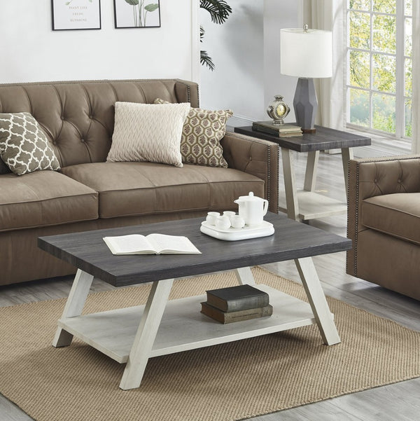English Elm Athens Three Piece Living Room Coffee Set with Sawhorse Legs and Open Shelving Weathered Charcoal and Beige T2574S00027