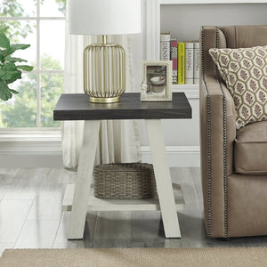 English Elm Athens Three Piece Living Room Coffee Set with Sawhorse Legs and Open Shelving Weathered Charcoal and Beige T2574S00027