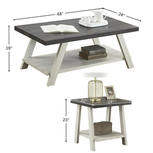 English Elm Athens Three Piece Living Room Coffee Set with Sawhorse Legs and Open Shelving Weathered Charcoal and Beige T2574S00027
