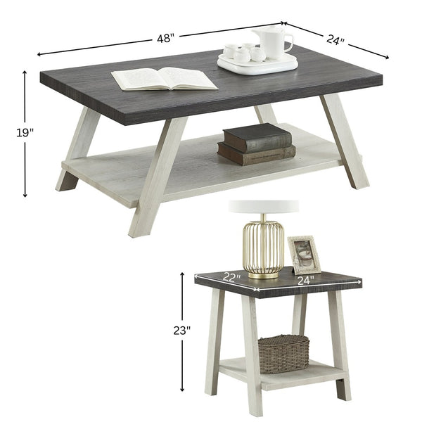 English Elm Athens Three Piece Living Room Coffee Set with Sawhorse Legs and Open Shelving Weathered Charcoal and Beige T2574S00027